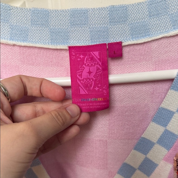 QUEEN OF SPARKLES Pink and Blue Checkered Cardigan - Picture 2 of 3